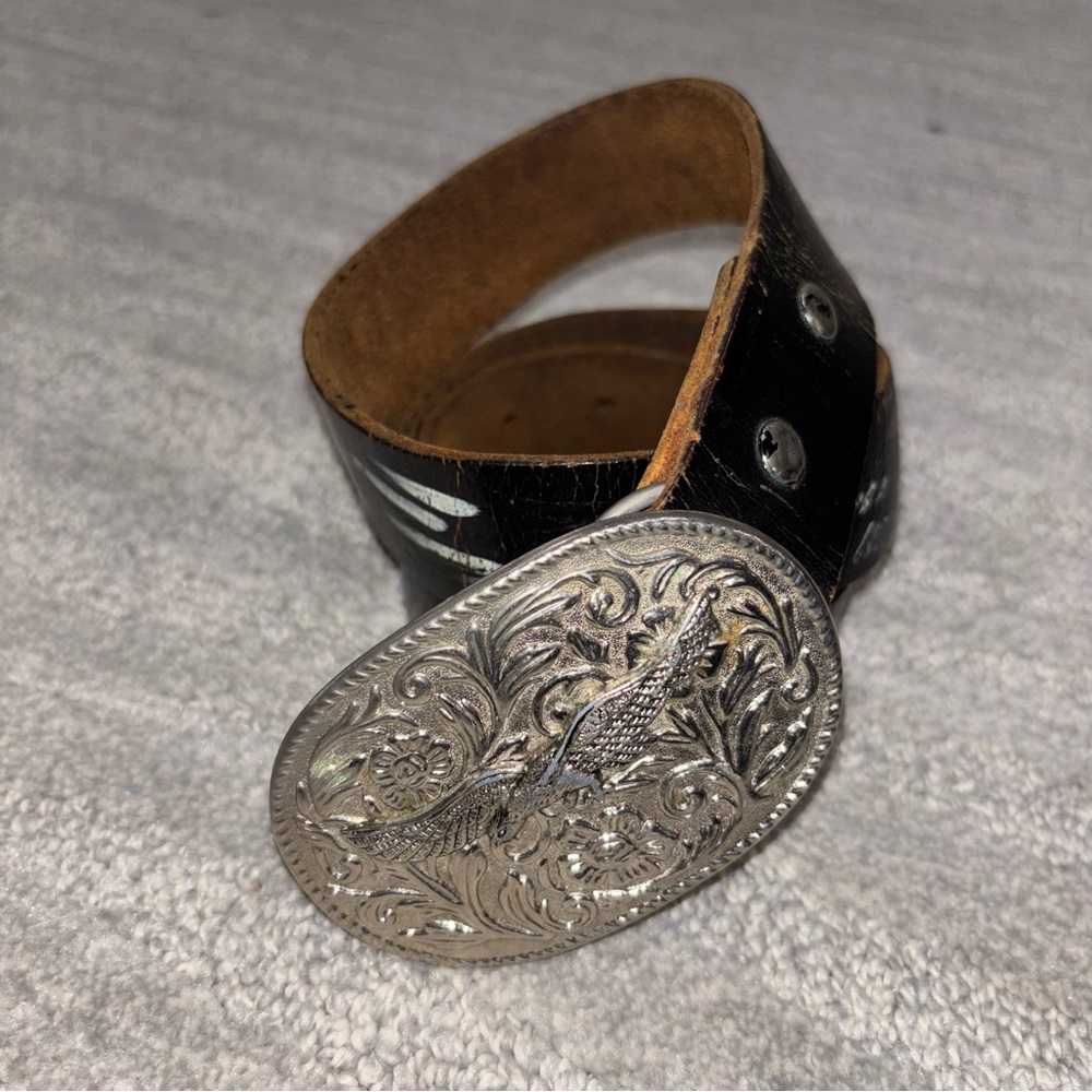 VTG Flying Eagle Silvertone Belt Buckle & Tooled Leather Belt Western Men’s